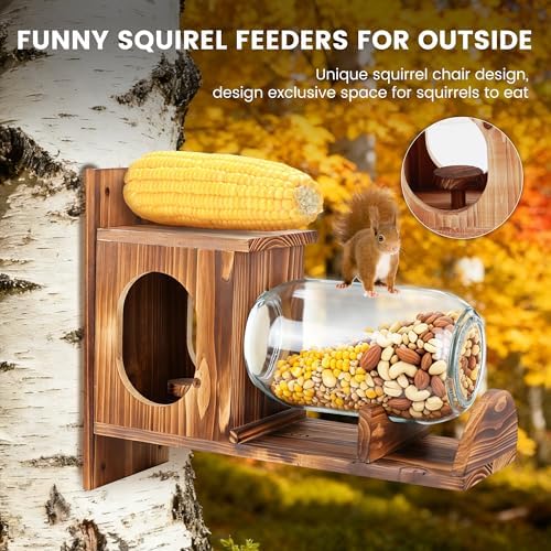 Wood Squirrel Feeder, Large Squirrel Feeders for Outside Garden Tree, Chipmunk Feeder for Corn Peanuts, Removable Storage Bottle, 1 Stable Squirrel Stools