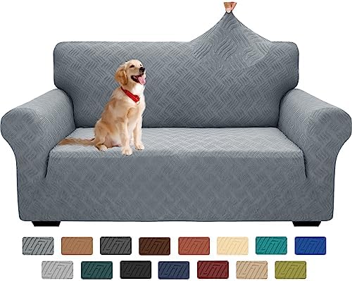 YEMYHOM Couch Cover Latest Jacquard Design High Stretch Sofa Covers for 2 Cushion Couch, Pet Dog Cat Proof Loveseat Slipcover Non Slip Elastic Furniture Protector (Medium, Leaf Pattern Light Gray)