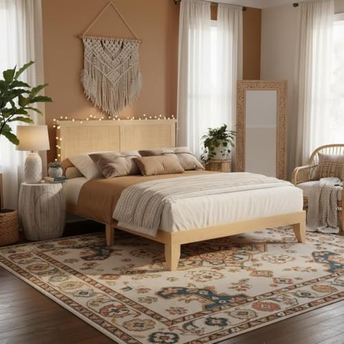 coucheta Bohemian King Rattan Bed LED Natural Headboard Bedroom