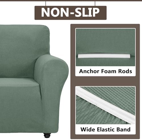 2 Piece Stretch Chair and Ottoman Cover Set, Jacquard Accent Armchair and Foot Stool Slip Cover, Non-Slip Slipcover for Chair with Footrest (Dust Green,2 Pieces Set)
