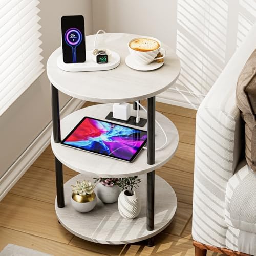 XBurmo Small Round End Table - 3 Tier Design Accent Table, Narrow Side or Bedside Stand, Industrial Vintage Table for Small Spaces, Built-in USB Ports and Power Outlet, Greige