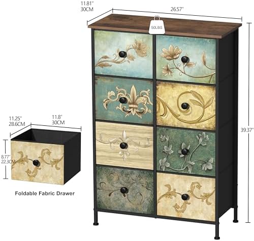 Tohomeor Narrow Storage Dresser Slim Dresser with Retro Flowers Fabric Drawers Vertical Skinny Cabinet for Small Spaces,Bathroom,Bedroom Closet Nightstand,Entryway Organizer (Retro Flower, 8 Drawers)