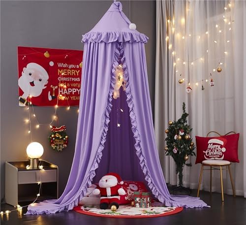 VETHIN Bed Canopy for Girls,Princess Round Dome Dreamy Mosquito Net Bedding Girls Room Castle Play Tent Hanging House Decor Reading Nook Canopies (Purple)