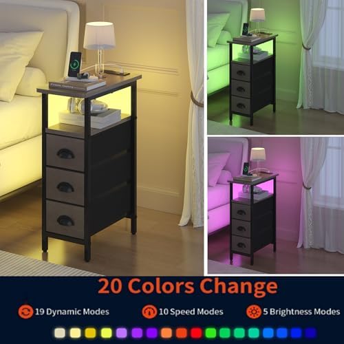 shtmec Narrow End Table Set of 2 with Charging Station, LED Side Tables Set 2 with Fabric Drawers, Small Bedside Tables Nightstands for Small Space, Slim Sofa Couch Table for Livingroom, Grey