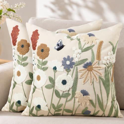 Embroidered Throw Pillow Covers 18x18, Set of 2, Cottage Flower