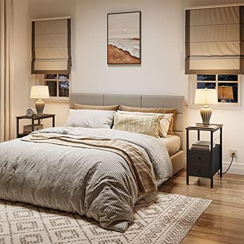 HOOBRO Set of 2 End Tables with Charging Station, Narrow Side Table with Drawers & USB Port & Power Outlets, Nightstand for Small Spaces, Living Room, Stable and Sturdy, Black BK541BZP201