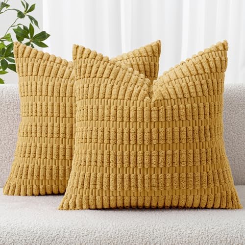 MIULEE Corduroy Decorative Throw Pillow Covers 20x20 Yellow Pack of 2