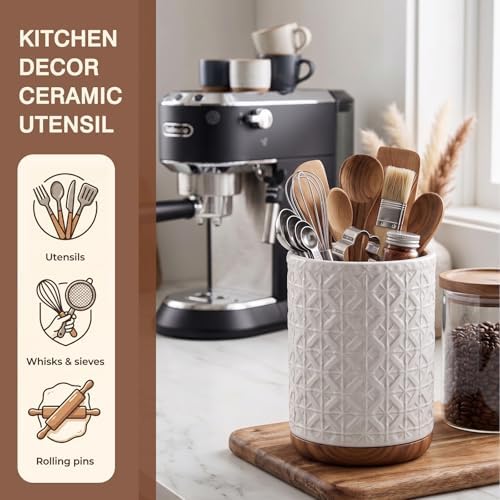 Boho Kitchen Decor Ceramic Utensil Holder with Wooden Base, Checkered Utensils Holder for Farmhouse Indoor Decorations, Utensil Crock for Kitchen Counter Utensil Organizer for Spatula & Spoon