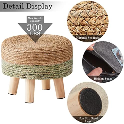 Cpintltr Ottoman Natural Seagrass Footrest Poufs Hand Weave Round Foot Stool for Couch Desk Soft Step Stool Padded Foot Rest with Pine Legs for Living Room Bedroom Natural/Green