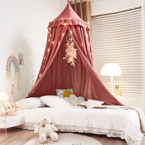 Kertnic Decor Princess Canopy for Girls Bed, Soft Smooth Playing Tent Canopy Room Decoration Castle, Dreamy Mosquito Net Bedding, Reading Nook Canopies in Home (Red Bean Color)