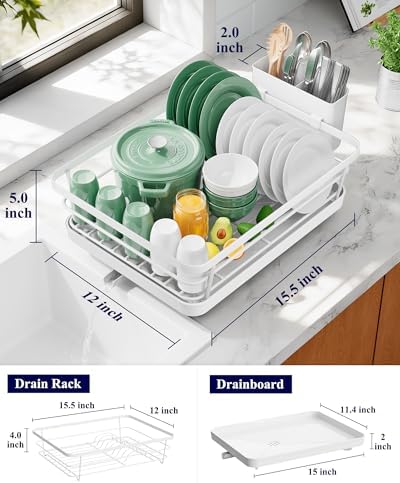 Kitsure Dish Drying Rack for Kitchen Counter, 12''W x 15.5''L, White
