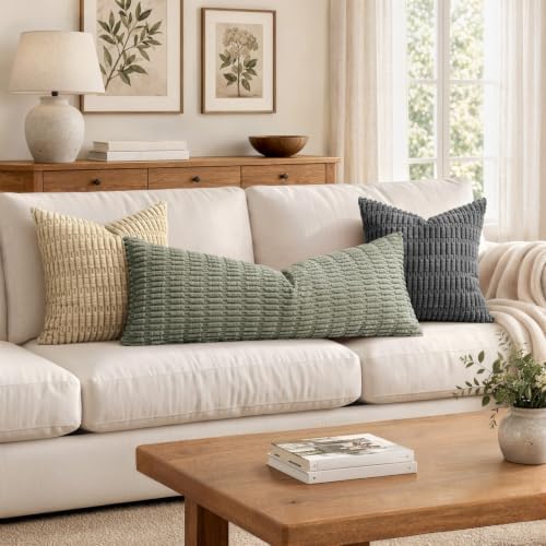 MIULEE Lumbar Corduroy Throw Pillow Cover for Bed 14x36 Light Olive Green