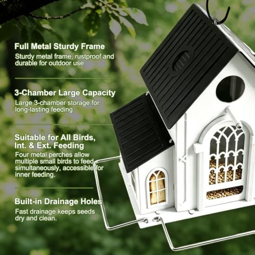 Solar Bird Feeder, Large Hanging Metal Bird House Feeder with Solar LED Lights, Waterproof Large Capacity Decorative Bird Feeder for Garden Backyard, for Bird Lovers & Gardeners