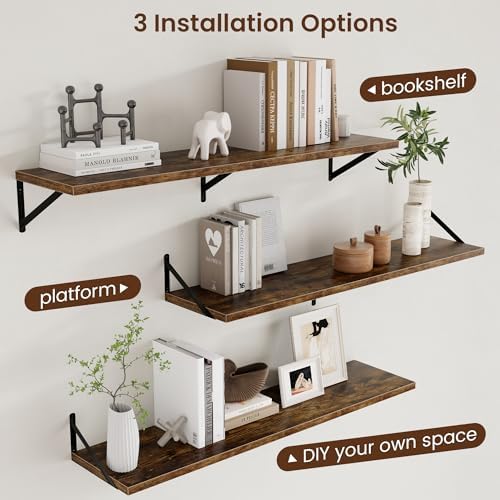 Axeman 12 Inch Deep Floating Shelves for Wall - 48 Inch Wide x 12 Inch Deep Wall Shelves Set of 2 - Rustic Wood Floating Shelves for Living Room