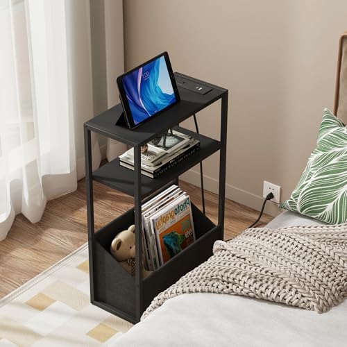TUTOTAK Narrow Side Table with Charging Station, Slim End Table
