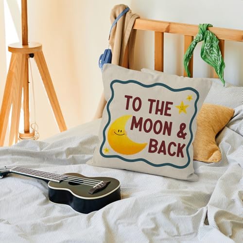 Moon and Stars Nursery Throw Pillow Cover 18x18, to the Moon and Back Decorative Pillow Covers for Kids Toddler Boy Girl Nursery Room Bedroom, Kids Room Accent Pillows Cover Pillowcases