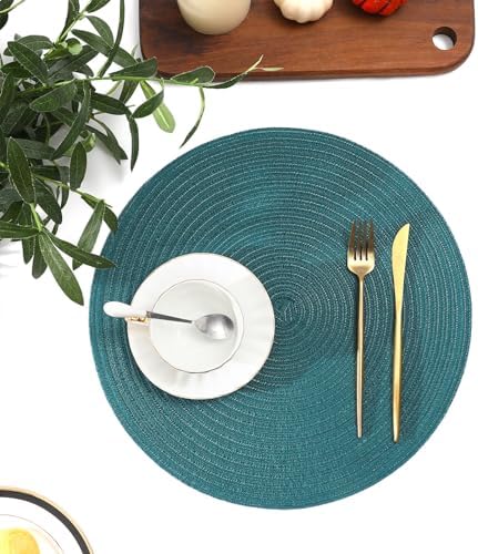 SHACOS Round Placemats Set of 4 Woven Braided Table Placemats 15 inch Circle Place Mats Washable Non Slip Table Mats for Home Wedding Party, Teal Green