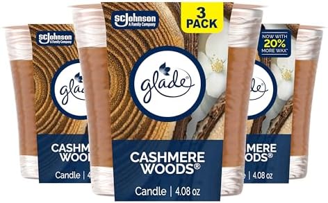 Glade 1-Wick Scented Candle Jar, Cashmere Woods, Air Freshener Infused with Essential Oils, 4.08 Oz, 3 Count