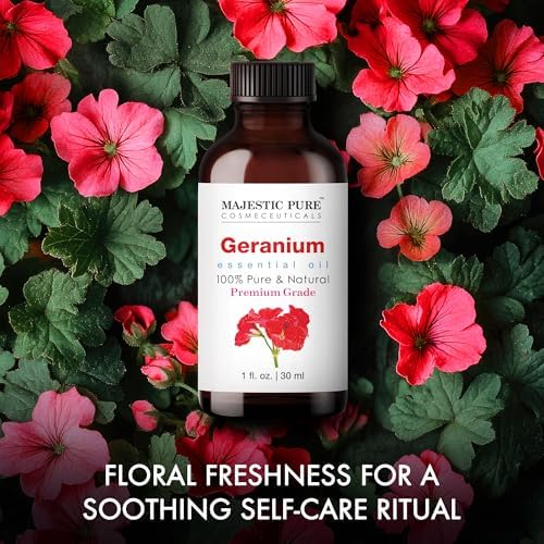 Majestic Pure Essential Oil with Glass Dropper - 100% Pure and Natural - Essential Oils for Diffuser, Aromatherapy, Soap and Candle Making, Geranium Essential Oil, Geranium Oil, 1 Fl Oz (Pack of 2)