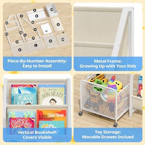 LATIBELL Kids Bookshelf Toy Storage Organizer & 2 Bins，3 Tier White