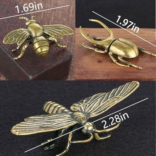 3PC Butterfly Bee Beetle Sculpture Solid Metal Brass Animal Figurine Mini Insect Statue Ornament for Home Office Garden Desktop Decor Scene Decoration (Butterfly + bee + Beetle)