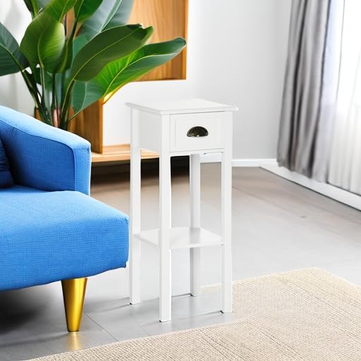 HOMCOM Narrow End Table with Drawer and Bottom Shelf Set of 1 White