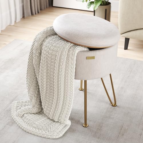 Round Ottoman with Storage, Textured Velvet Storage Ottoman, Foot Stool Ottomans, Makeup Vanity Stool, Small Ottomans Foot Rest, Modern Vanity Stools for Living Room and Bedroom, Cream
