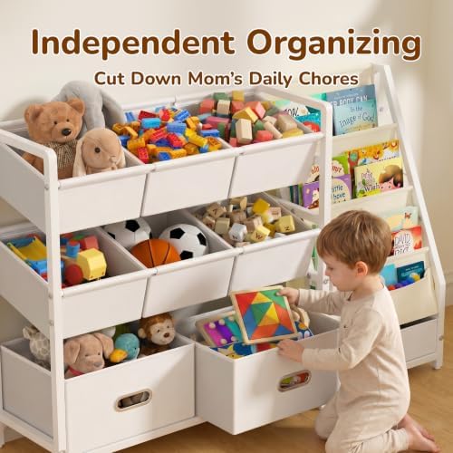 Kids Toy Storage Organizer, Kids Bookshelf and Toy Storage with 9 Bins, Montessori Toddler Bookshelf, Playroom Storage Organization, Baby Book Shelf for Kids Rooms, Nursery, White