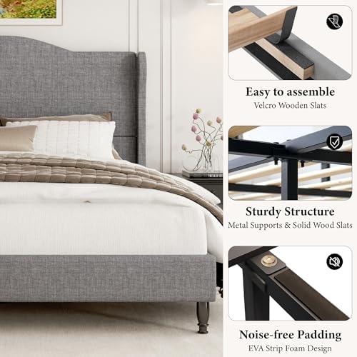 Queen Size 50.4'' Upholstered Tall Headboard Bed Frame, Light Grey