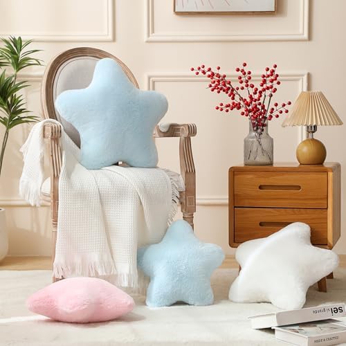 YRXRUS Star Pillows, Christmas Pillows, Light Blue Star Shaped Pillow, Gifts, Cute Plush Throw Pillow Room Decor, Fluffy Faux Rabbit Fur 18"x18", Living Bedroom