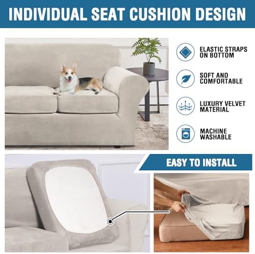 H.VERSAILTEX High Stretch Sofa Slipcover 4 Piece Cover Velvet Furniture Protector Form Fit Thick Velvet Extra Large Sofa Cover for 3 Cushion Couch Width Up to 97 Inch (Large Sofa, French Oak)