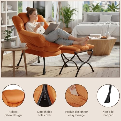 Welnow Lazy Chair with Ottoman, Reading Chair with Footrest, Reddish Brown