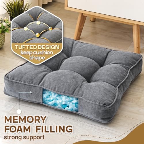 MIDDLE ONE Floor Pillow Set of 2, Memory Foam Cushion 22x22 – Square, Grey