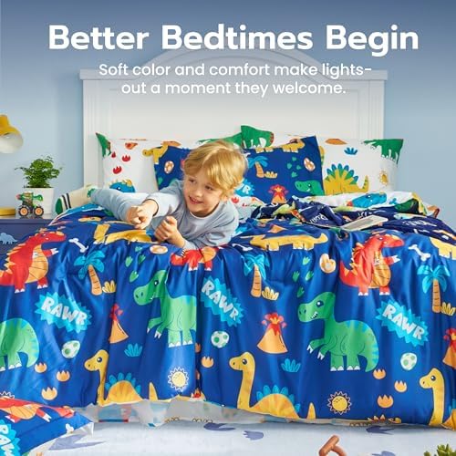 Joiedomi Kids Comforter Set Bedding Set for Boys Girls Super Soft Microfiber Bed in a Bag with Comforter Sheets Pillowcase Sham, Dark Blue Cute Dinosaur, Full