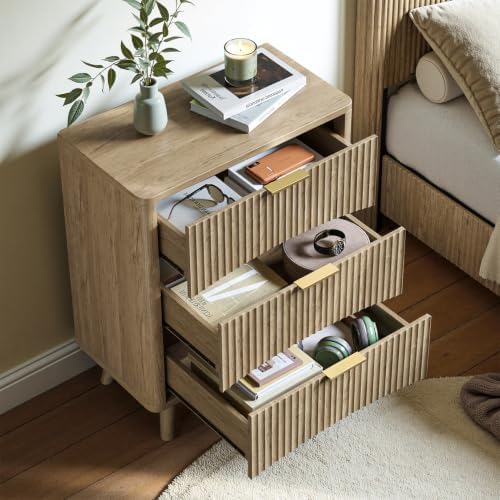 Evermagin Queen Bedroom Set, Platform Bed Frame & 3-Drawer Nightstands, Oak