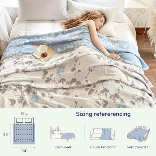 Simple&Opulence Cotton Muslin Blanket King Size 104"x90", Reversible Yarn-Dyed Vintage Blue Floral Jacquard, 3-Layer Gauze with Tassels, Soft Lightweight Breathable All-Season Bedspread for Bed Couch