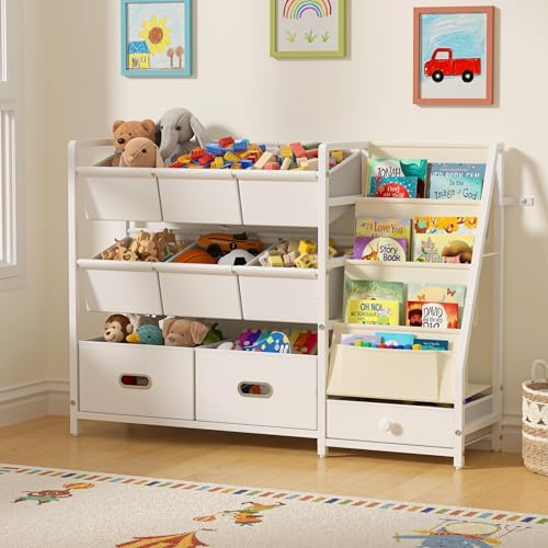 Kids Toy Storage Organizer, Kids Bookshelf and Toy Storage with 9 Bins, Montessori Toddler Bookshelf, Playroom Storage Organization, Baby Book Shelf for Kids Rooms, Nursery, White