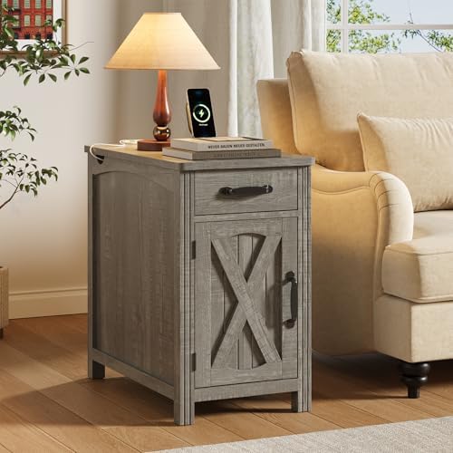 ONBRILL Farmhouse End Table with Charging Station,Grey