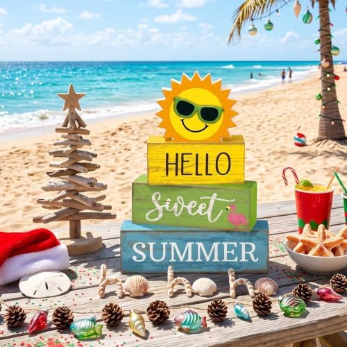 Yuntau 4 Pcs Summer Tiered Tray Decor Hello Sweet Summer Wood Block Signs