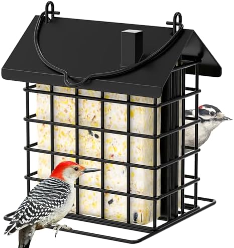 Gbekery All-Metal Double Suet Bird Feeder for Outdoors Hanging, Black Roof