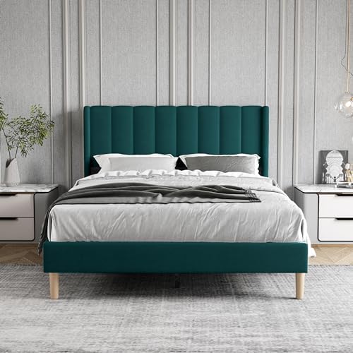 Full Size Bed Frame with Velvet Upholstered Headboard, Green