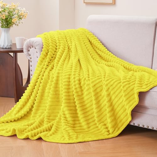 BEDELITE Ribbed Jacquard Yellow Fleece Throw Blanket for Couch, 50x60 Inch