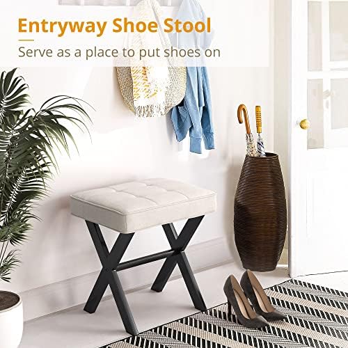 LUE BONA Ottoman Foot Stool Vanity Stool, Square Linen X-Leg Foot Rest Ottoman Makeup Stool, Small Stool Chair for Vanity, Modern Padded Vanity Seat for Makeup Room, Living Room, Bathroom, Linen Color