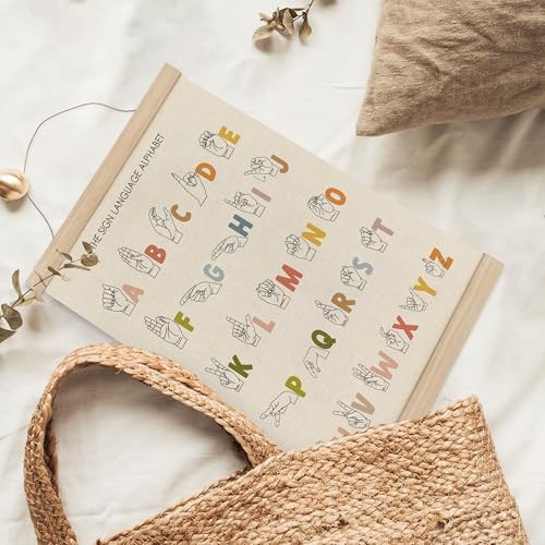 MAQIKA American Sign Language Alphabet Poster Framed with Wood Hanger, Boho Letters Educational Hanging Wall Decor, ASL Alphabet Canvas Wall Art Paints for Classroom Kids Room Bedroom, 12x16 Inch