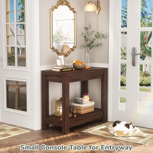 Besiost Farmhouse End Table, Narrow Side Table, Slim End Table with Storage Shelf, Small Console Table for Small Spaces, Nightstand Sofa Table for Living Room, Bedroom, 24" Black Walnut