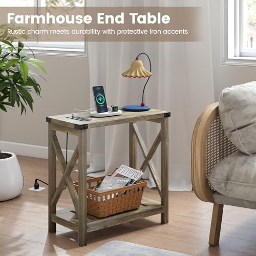 Hadulcet Farmhouse End Tables Living Room Set of 2 - Narrow Side Table with Charging Station, Slim Nightstand for Small Space, Skinny Bedside Table, Sofa Side Table with Storage Shelf, Elegant Gray