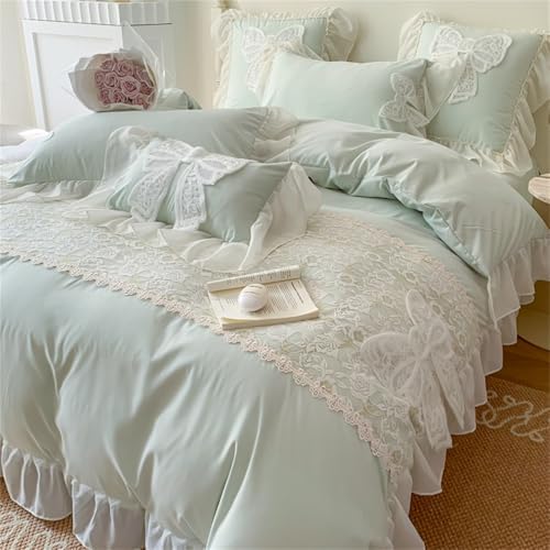 MOOWOO Lovely Bow Chic Duvet Cover Set- Ruffle Lace Polyester Comforter Cover -Girl French Princess Style Bedding-2 Piece Twin Duvet Cover with Zipper Closure-No Comforter-Green,Twin Size