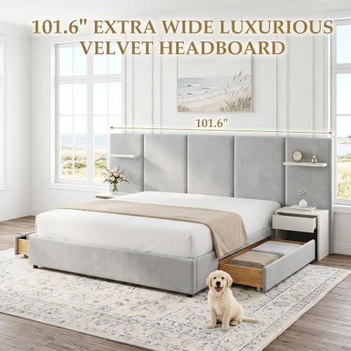 Queen Size Bed Frame with Storage & Built-in Nightstands & Drawers, Gray