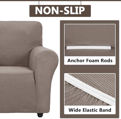 2 Piece Stretch Chair and Ottoman Cover Set, Jacquard Accent Armchair and Foot Stool Slip Cover, Non-Slip Slipcover for Chair with Footrest (Taupe,2 Pieces Set)