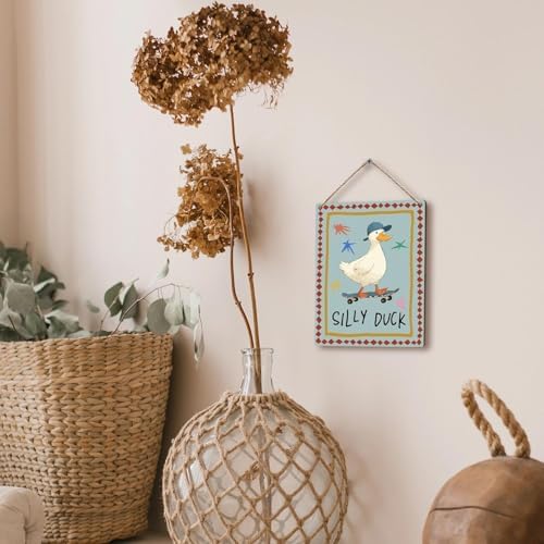 FUGWN Funny Duck Nursery Hanging Wooden Signs 8x10, Silly Duck Farm Animal Nursery Wall Decor Wood Plaque Hanging Decorations for Kids Toddler Boys Girls Room Bedroom Playroom Door Decor